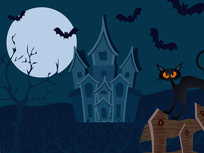 Нelloween ai blue castle cat crooked fence graphic design illustraion illustrator moon the bats thickets vector