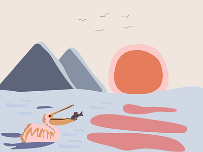 Pelican Catch fish graphic design identity illustration mountains river sun vector