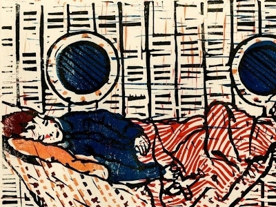Boy Sleeping boy britain evacuee hammock linocut printmaking sleep world war