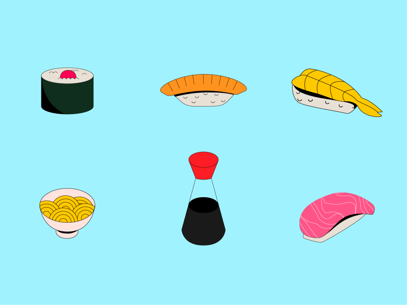 Sushi and stuff asian bowl bowls design food icon illustration japan noodles ramen simple soya sushi sushi roll vector