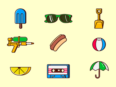 Summer Icons First 9 beachball cassette hotdog illustration lemon parasol popsicle shovel squirt gun sunglasses trowel umbrella