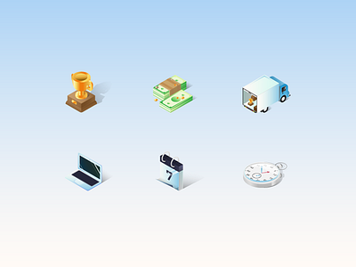 Site and Guide Art: Isometric Icons award calendar clock gradient icon isometric laptop money stopwatch trophy truck vector