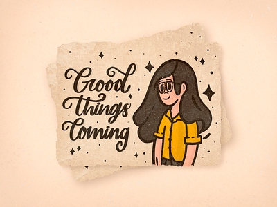 Good Things Coming character design female character girl girl character goodthingscoming illustration lettering procreate procreate lettering texture type typography vintage yellow