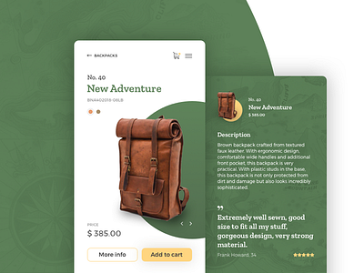 Leather worker shop backpacks clean ecommerce elegant green interaction leather minimal mobile simple ui website
