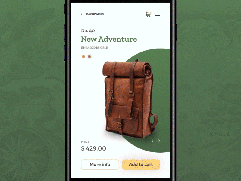 Leather worker shop animation backpacks clean ecommerce elegant green interaction leather minimal mobile protopie ui