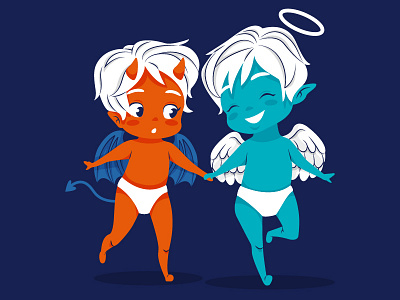 Siblings angel character contrast design devil different flat girls happy. cute illustration siblings vector
