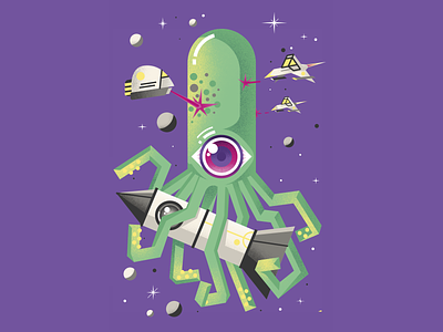 Space Monsters - Cycloctopus! horror illustration monster octopus sci fi sci fi art space space art spaceship vintage