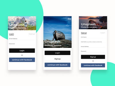 App Screens - Unsplash app clean design images login screens signup splash unsplash