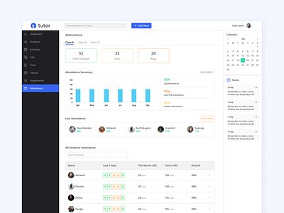 Teacher's Dashboard attendance calendar clean dashboard design stats student teacher ui ux