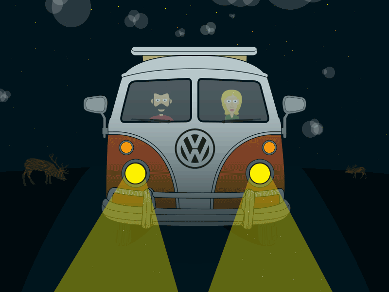 VW Bus Animated after effects clouds deers light night stars vw
