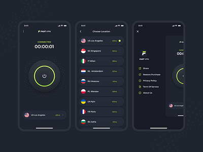 VPN UI DESIGN dark mode green ui vpn