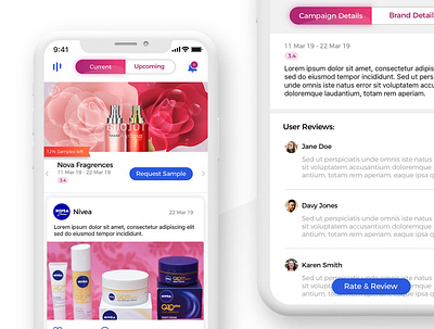 Current Campaigns app beauty brand campaigns current design posts products samples timeline ui uiux