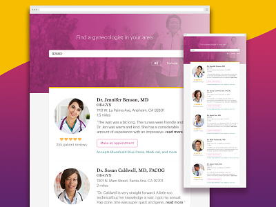Search for gynecologist appointments doctor female doctor gynecologist health interaction design landing page minimalistic modern product product design ui
