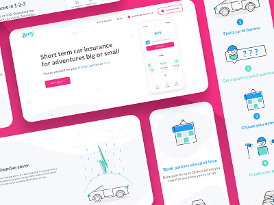 Lenny Carshare Insurance - Landing Page app car car insurance clean icons illustration ios app landing page lineart marketing website minimal mobile app pink product design ui ux vector vector illustration web design website