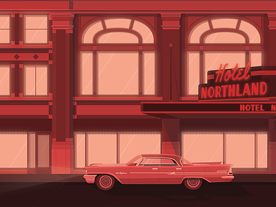 Hotel Northland Entry atmosphere car chrysler hotel illustration mid century neon new yorker northland signage vehicle