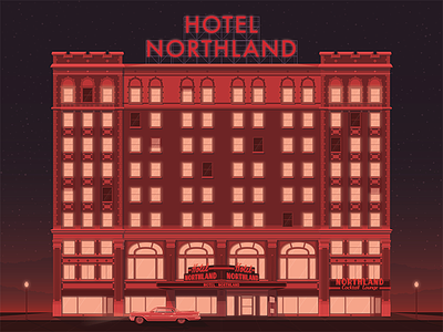 Hotel Northland Illustration atmosphere car chrysler hotel illustration mid century neon new yorker northland signage vehicle