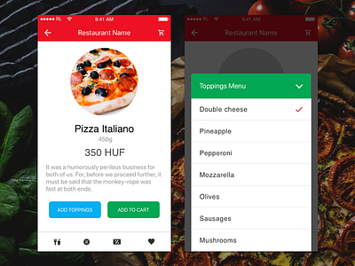 Food Delivery App. Meal Page. e commerce food food delivery mobile app