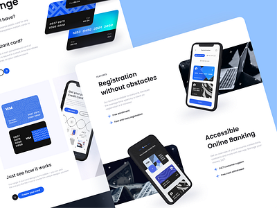 Landing page of the mobile bank app bank banking benefits blue call to action card cta design figma landing landing page mobile money phone promotion shot ui ux visa