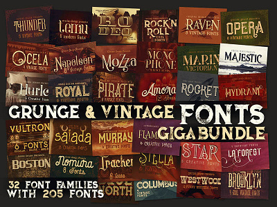 Grunge & Vintage Fonts Giga Bundle bundle deal dealjumbo font font bundle fonts grunge retro retro typography script typography vintage