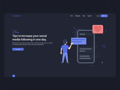 Social Media Website app clean dark theme design exploration growth illustration landing page social media social network ui ux vector web design website