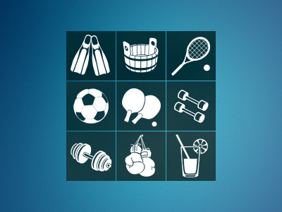 Sokol sport center website icons bar bath boxing cocktail gym ping pong soccer swimming tennis