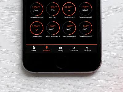 Forza Hub Mobile - Rewards page (WIP 7) cars circle diagrams companion app fm6 forza motorsport grey progression red rewards ui design video game white