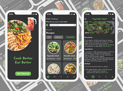 Recipe app appdesign branding darkmode design food foodapp foodie fulltimejob hiring interns internship kitchen kitchenapp mobiledesign recipe ui uiux