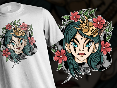 Girl and Oni Mask T shirt Illustration