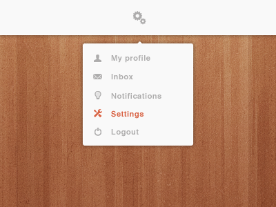 Dropdown settings menu brown clean design dropdown gray hover icon menu orange settings ui ux white wood