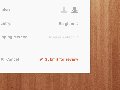 Confirm White Wood action brown country design form gender gray red review select submit ui ux web wood