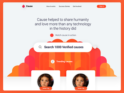 Charity app landing page design, Web app design home landing orange ui ux web website