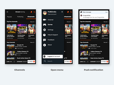 Game streaming app design flow channels design game animation game app gaming gaming app menu bar menu design notifications streamer streaming app ui ux video app