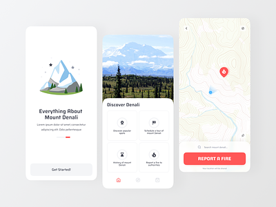 Fire reporting app - Crowwwn weekly challenge app crowwwn denali design discover fire fire reporting illustration interface mountain popular spots simple ui uiux