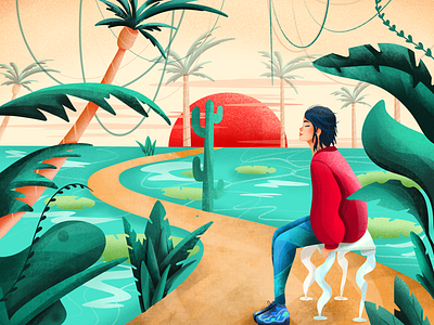Mindfulness art artist barcelona digital drawing forrest girl illustration marketing mindful palms plants