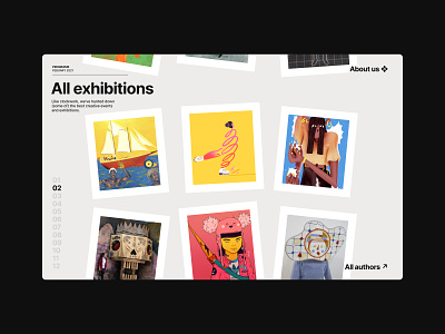 Exhibitions®'21 — Gallery Homepage art authors brand design exhibition grid grid layout minimal poster scroll slider typography ui visual identity web website white space