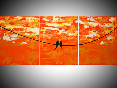 love birds on a wire orange gold white edition triptych original 3 panel abstract art birds birds on a wire gold impasto love birds modern art orange original painting triptych wildlife