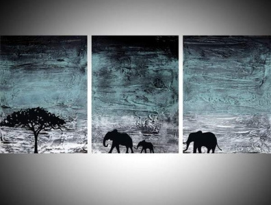 elephant wall art painting in triptych turquoise paint