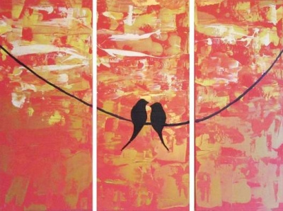 Always together bird art pictures 48 x 48" 3 panel bird painting gold painting illustration love bird original painting triptych wall art