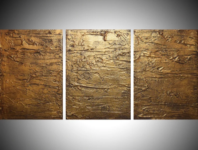 golden triptych painting, in acrylic 3 panel abstract gold golden metallic original painting triptych wall wall art