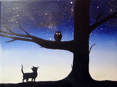 owl and the pussycat illustration art starry night art bird cat cat illustration cute kawaii owl owl and the pussycat owls pussycat starry night