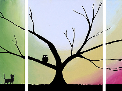 Owl and the Pussycat art in triptych illustration