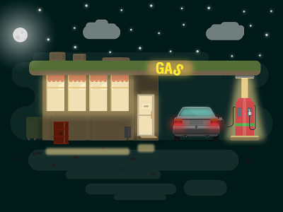 Gas Station Illustration (Night) car gas gas station illustration light night shop station