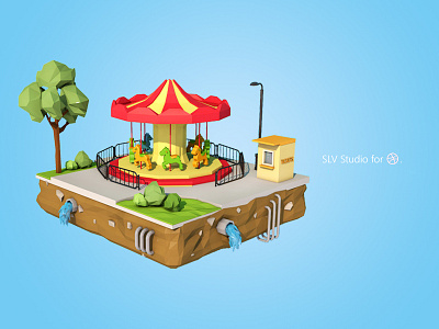 Low Poly Carousel blue carousel cinema4d dribbble fun horse lowpoly park tree