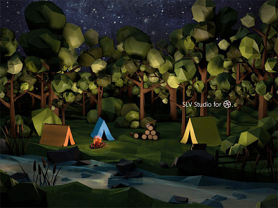 Low poly night camp