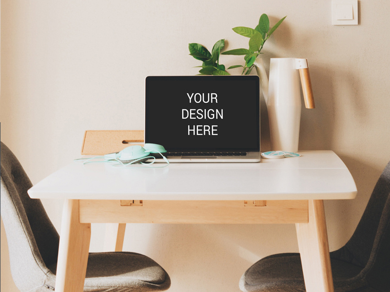 Freebie : Macbook On Table Mockup download psd free branding mockup desk on pro air macbook