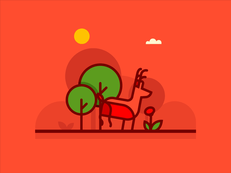 Skipping Through The Forest animal animation cloud deer explore flat forest illustration sun trees