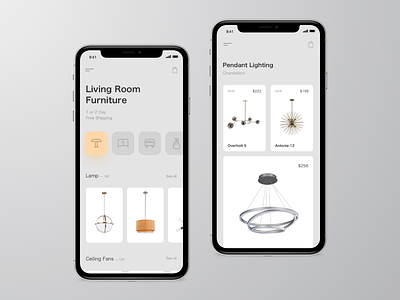 Furniture. App concept business cards clean concept design ecommerce furniture grid interaction interface ios ios app lights minimal mobile app photo product store app typography ui ux