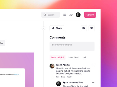 A new look comments design like save share shot shot page thread ui ux website