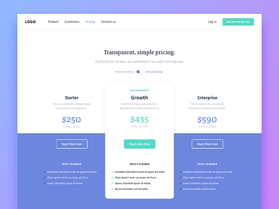 Transparent, simple pricing. 💸 design modern plans pricing purple trial typography ui web website