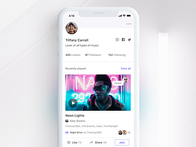 Playlist Profile app avatar design follower following ios iphone x music playlist post profile ui ux